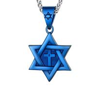 U7 - Collar de estrella de David para hombres y mujeres, colgante hexagonal de acero inoxidable con cruz, piedra rubí, collares clásicos judíos de Isael, longitud de 22 pulgadas, 24 pulgadas, 26
