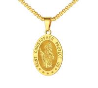 U7 - Collar de San Miguel para hombres y mujeres, de acero inoxidable, chapado en oro, medalla de arcángel bíblica, redonda, ovalada, escudo patrón, San Cristóbal y Miguel con cadena de caja de 55,88