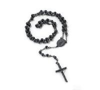 U7 Collar Rosario de Mujer Acero Inoxidable con Cuentas de 6mm Negro Rosario Collar de Mujer Cruz Cadena 66cm + 16cm con Libro de Oraciones, Manual y Caja de Regalo