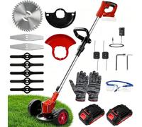Uadme Desbrozadora Bateria con Ruedas, Desbrozadora Electrica Inalámbrica 21V, 2 Baterías de 1,5 Ah, 4 Tipos de Cuchillas, Plegable, Cabezal Ajustable 90° y Mango Telescópico para Jardín y Podar