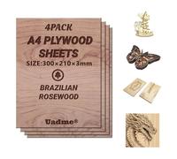 Uadme Madera Contrachapada 3mm, 4 Piezas Tablero de Madera a Medida A4 30x21cm, Laser Engraving Blanks, para Bricolaje, Pirograbado Corte por Laser CNC Router Modelado (Palosanto)
