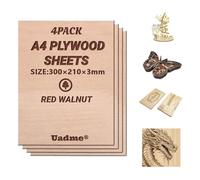 Uadme Madera Contrachapada 3mm, 4 Piezas Tablero de Madera a Medida A4 30x21cm, Laser Engraving Blanks, para Bricolaje, Pirograbado Corte por Laser CNC Router Modelado (Nogal Rojo)