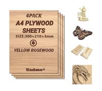 Uadme Madera Contrachapada 3mm, 4 Piezas Tablero de Madera a Medida A4 30x21cm, Laser Engraving Blanks, para Bricolaje, Pirograbado Corte por Laser CNC Router Modelado (Palosanto Amarillo)