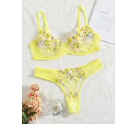 UANGLI Conjunto de Sujetador y Bragas, lencería de Encaje Bordado Amarillo, Conjunto de Ropa Interior Transparente para Mujer, Conjunto Breve, Disfraces de lencería