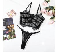UANGLI Sujetador prolongado con corsé de Encaje Negro y Tanga con Espalda ahuecada Conjuntos de lencería Floral de 2 Piezas Top Transparente