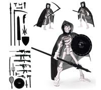 Uanqfegy Figura de acción de Esqueleto móvil con múltiples articulaciones, Juguete de Esqueleto de plástico con Capa con Capucha y Armas para decoración de Escritorio de coleccionistas