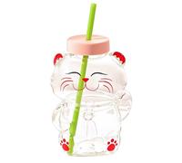 Uanqfegy Tazas de vidrio con forma de gato de 700 ml, taza de café transparente resistente al calor con tapa y pajitas lindas