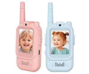 Uanqfegy Walkie Talkies para niños, Paquete de 2 walkie talkies de vídeo Recargables con cámara HD, cordón Cambiador de Voz para Acampar al Aire Libre