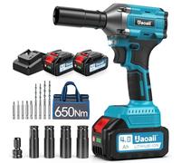 Uaoaii Llave de impacto con batería de 650 N.m, 2 llaves de impacto de 4000 mAh y cargador rápido, llave de impacto con 5 boquillas de impacto y 8 taladros, llave de impacto giratoria para coche y uso