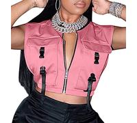 UATKIMI Chaleco corto sin mangas con hebilla y cremallera para mujer, top cargo con bolsillos, Rosado, XS