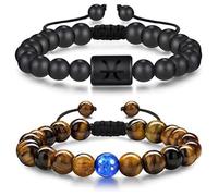 UBBVPKY Pulsera De 2 Signos Del Zodiaco, Hecha A Mano, Ajustable, Con Cuentas De 12 Constelaciones, 8 Mm, Piedra De Ojo De Tigre Natural, Regalo De Joyería Para Mujeres Y Hombres, Piscis