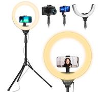 UBeesize Anillo de luz plegable de 14 pulgadas con soporte de trípode de 62 pulgadas y soporte para teléfono, luz LED para selfie para iPhone con control remoto, luz circular para