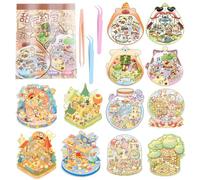 UBERMing 12 Sets Pegatina 3D Cartoon Sticker Scene, Pegatinas de Escenas en Miniatura Libro Pegatinas 3D Cuaderno, Miniature Scene Sticker Book con 3 Pinzas para Adultos y Niños (Estilo 2)