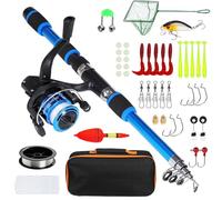 UBERMing Juego de Caña de Pescar para Niños Principiantes, Kit de Pesca Completo con 1.8m Caña de Pescar Telescópica Carrete Spinning Señuelos 100 m Sedal Sacadera de Pesca y Bolsa de Transporte