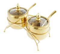 UBOHUZ Caja de condimentos acero inoxidable, juego 2 recipientes almacenamiento con cuchara, estante dorado for, botes especias for pimienta y para Especias(Gold A)
