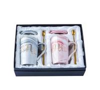 UBOHUZ Taza de cerámica de mármol de 13,5 oz, juego de tazas de café Mr And Mrs for novia y novio, compromiso de aniversario de boda Para Boda(Pink Grey01)
