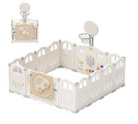 UBRAVOO Parque de juegos plegable para bebés con mini aro de baloncesto y 50 bolas de colores, parque de juegos con tema de coche para bebés y niños pequeños (14 paneles, Blanco Lechoso)