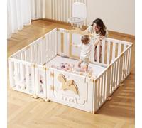 UBRAVOO Parque infantil con aro de baloncesto, corralito de seguridad Angel Horse con pizarra blanca y 30 pelotas de colores, para interior o exterior (Caqui, 12 paneles)