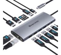 UBS C Hub - Estación de acoplamiento para laptop, triple pantalla, doble monitor, adaptador multipuerto 14 en 1 con 2 HDMI 4K + 8K DP + USB C/A 100 W PD+Ethernet + transferencia de datos para MacBook