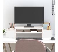 UBVNFGMK Soporte para monitor de madera maciza de pino, 70 x 27,5 x 15 cm, color blanco, accesorio de escritorio con 4 compartimentos para teclado y dispositivos multimedia, marco de madera estable