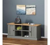 UBVNFGMK Zapatero VIGO gris 106 x 35 x 45 cm madera maciza de pino, zapatero con puertas y 4 compartimentos, banco de pasillo de madera maciza de pino con botones de metal, banco de fácil cuidado para