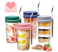 UCAMP 4Pcs 600ml Overnight Oats Jar,Tarros de Cristal con Tapa y Cuchara,Botes Cristal Transparente Portátil Mason Marcas de Medidas y Tapas con Anillo de Silicona para Avena,Cereales,EnsaladaPudding