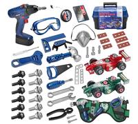 UCAMP 95 Piezas Herramientas Juguete con Taladro Eléctrico Juguete,Caja con Taladro, Motosierra, Destornillador y Coche de Carreras Montado - para Niños - Apto para Mayores de 3 Años