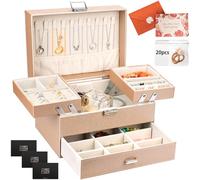 UCAMP Caja Joyero de 3 Niveles,Joyeros Mujer Organizador,Joyero Organizador 14 x 22.5 x 15.5 cm,Grande Caja de Joyas de Cuero PU para Pulseras,Pendientes,Anillos,Collares,Relojes,Beige