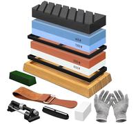 UCAMP Piedra de Afilar Cuchillo,Afilador De Cuchillos,Grano 400/1000 3000/8000,Base Antideslizante,Guía de Ángulo,Correa de Cuero,Guantes Anticorte,Pasta Pulidora,Guía de Afilado,Piedra para Aplanar