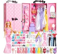 UCanaan Armario de muñecas para niñas de 11,5 pulgadas, ropa y accesorios, 180 unidades, incluye armario, tronco, ropa informal, vestido, trajes de baño, perchas, zapatos, bolsos, collares