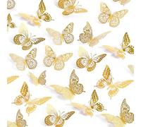 UCLEVER 3D Mariposas doradas metálicas de decoración, 48 piezas, 4 estilos, 3 tamaños, decoraciones de mariposas doradas para cumpleaños y fiestas (dorado)