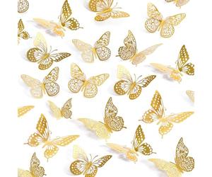 UCLEVER 3D Mariposas doradas metálicas de decoración, 48 piezas, 4 estilos, 3 tamaños, decoraciones de mariposas doradas para cumpleaños y fiestas (dorado)