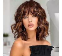 Ucubb Peluca corta ondulada estilo Bob con flequillo para mujer, peluca rizada y suelta de aspecto natural, longitud al hombro