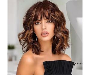 Ucubb Peluca corta ondulada estilo Bob con flequillo para mujer, peluca rizada y suelta de aspecto natural, longitud al hombro