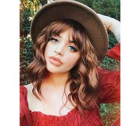 Ucubb Pelucas cortas rizadas con flequillo para mujer, peluca ondulada de 14 pulgadas, peluca sintética resistente al calor (27-30)