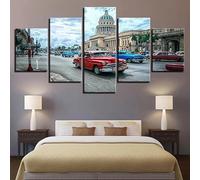UCVJXDEM Cuadros Decoracion Dormitorios 5 Cuadros en Lienzo Laminas Decorativas Pared La Habana Cuba Rojo Azul Coche En La Ciudad Cuadros Decoracion Salon Modernos Hogar Regalo Marco 150x80CM