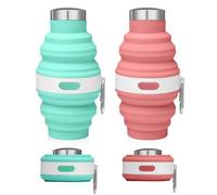 Udbrud 2 Piezas Botella de Agua Plegable Silicona, Taza de Camping con Mosquetón, Botella de Agua Plegable Libre De BPA para Viajes 475 ml, Vasos Plegables con Tapas para Fitness Camping (Rosa, Azul)