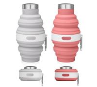 Udbrud 2 Piezas Botella de Agua Plegable Silicona, Taza de Camping con Mosquetón, Botella de Agua Plegable Libre De BPA para Viajes 500 ml, Vasos Plegables con Tapas para Fitness (Rosa, Gris)