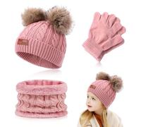 Udbrud Conjunto de Bufanda Gorro y Guantes, 3 en 1 Invierno Suave Gorro de Punto Cálido con Bufanda y Guantes Mantener Caliente Accesorios para Niños Niñas 2-8 Años (Rosa)
