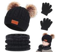 Udbrud Conjunto de Bufanda Gorro y Guantes, 3 en 1 Invierno Suave Gorro de Punto Cálido con Bufanda y Guantes Mantener Caliente Accesorios para Niños Niñas 2-8 Años (Negro)
