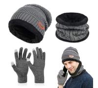Udbrud - Gorro de punto caliente, 3 piezas, gorro de bufanda para hombre, forro polar suave, gorro de invierno, bufanda, conjunto de guantes para hombre, gris, M