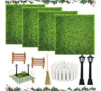 Udbrud Juego de Accesorios Jardín en Miniatura, Herramientas de Jardinería en Miniatura 4 Mini Hierba Artificial, 2 Luz de Calle, 2 Banco, 1 Mini Vallas, 1 Escoba Adecuado para Decorar Mini Jardín