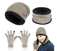 Udbrud Juego de gorro de invierno con bufanda y guantes, 3 en 1, gorro con pantalla táctil, juego de guantes de punto, pompones gruesos, gorro de forro polar, cálido, para hombre y mujer, para