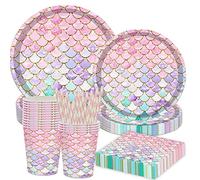 Udbrud Juego de Vajilla para Fiesta Temática de Sirena, 84 Piezas Vajilla de Cumpleaños Plato Servilletas Tazas Sirena Decoracion Cumpleaños para Baby Shower Boda Cumpleaños