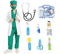 Udekit Disfraz de Doctor para Niños con Botiquín, Termómetro, Estetoscopio, Jeringa, Endoscopio Oral y más. Bata Médica Infantil con Bata de Laboratorio para Niños de 4 a 6 Años Verde