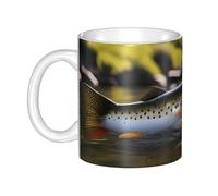 UDFKGLP Brook Trout - Taza de cerámica con patrón de pesca con mosca para capuchino, latte, cereales, yogur, leche, bebidas calientes o frías, horno de microondas