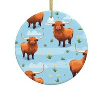 UDFKGLP Colgante redondo de cerámica con diseño de vaca escocesa de las Tierras Altas para decorar tiendas, puertas y ventanas