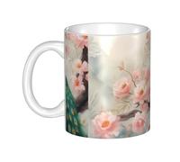 UDFKGLP Hermosa taza de cerámica con diseño de pavo real y floral para capuchino, latte, cereales, yogur, leche, bebidas calientes o frías, horno de microondas