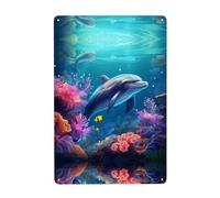 UDFKGLP Hermoso diseño de delfines del mundo submarino con patrón de coral, 20,3 x 30,5 cm, hecho de hojalata, resistente al desgaste y duradero