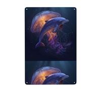 UDFKGLP Pintura decorativa de lata con patrón de encuentro de delfines y medusas, 20,3 x 30,5 cm, hecha de hojalata, resistente al desgaste y duradera